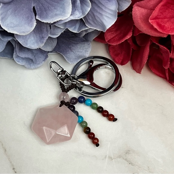 Natural Rose Quartz Hexagon Stone with Rainbow Chakra Keychain Charm - Picture 8 of 14